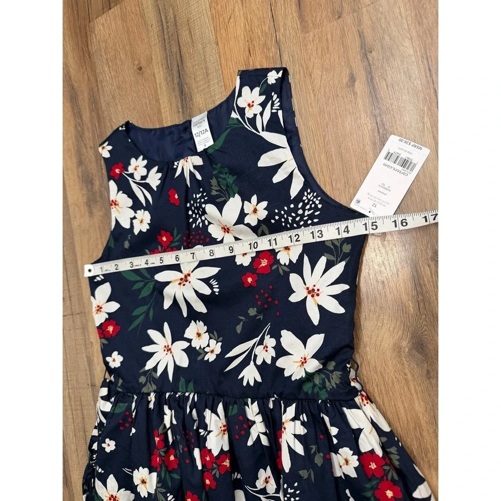 NWT Carter's Kids Floral Dress Navy White Red Tie Waist Cotton Size 12